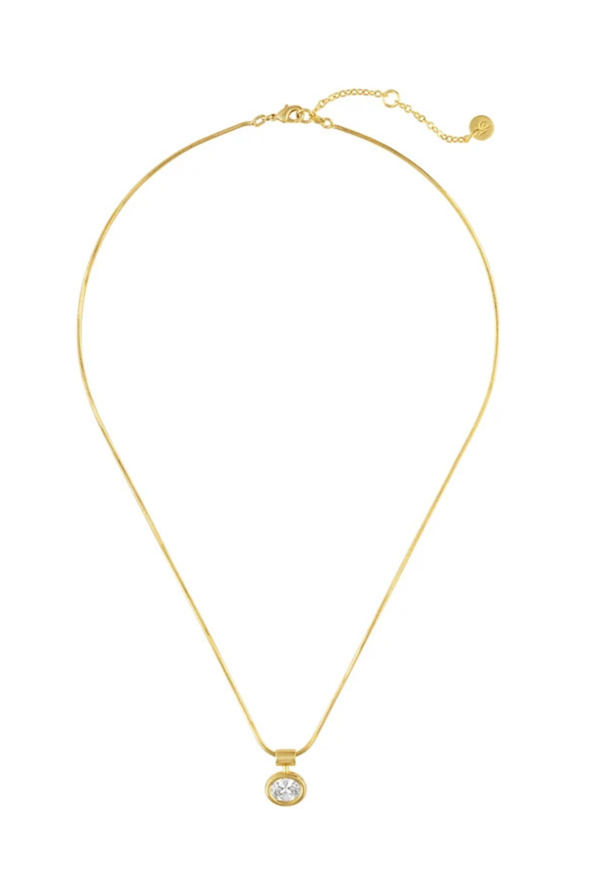 A delicate gold chain necklace with a small round bezel-set clear gemstone pendant, displayed on a clean white background.