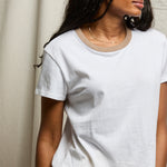 Woman wearing a plain white t-shirt against a neutral background