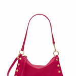 Pink handbag with gold accents on a white background