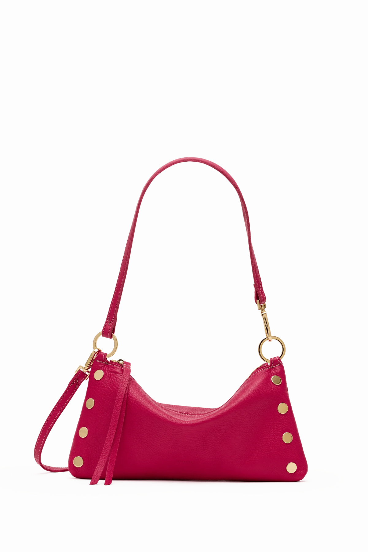 Pink handbag with gold accents on a white background