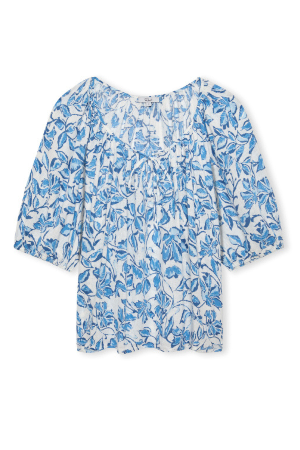 blue printed blouse on white background 