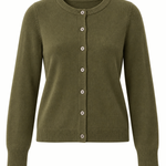 An olive green knit cardigan sweater with a button-up front, ribbed collar, cuffs, and hem, shown on a plain white background.