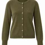 An olive green knit cardigan sweater with a button-up front, ribbed collar, cuffs, and hem, shown on a plain white background.