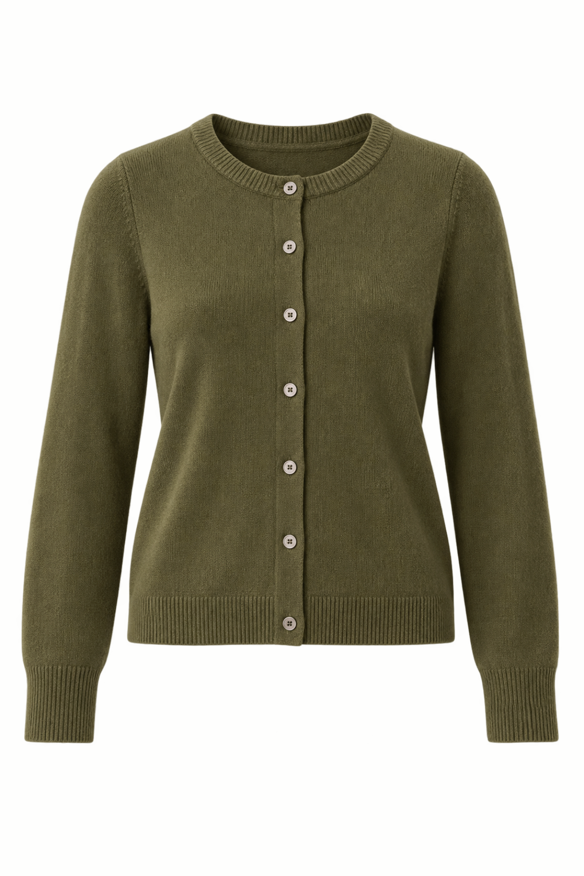 An olive green knit cardigan sweater with a button-up front, ribbed collar, cuffs, and hem, shown on a plain white background.