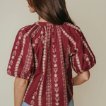 A woman shown from the back wearing a burgundy puff-sleeve blouse with vertical cream floral patterns, paired with light blue jeans, against a solid beige background.
