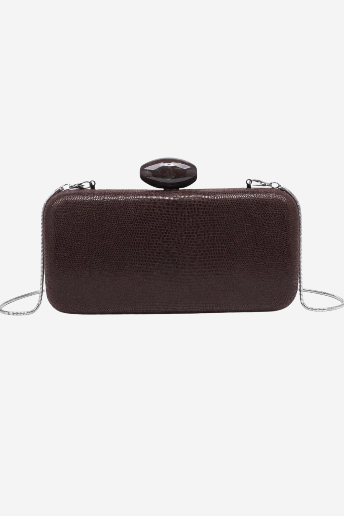 A dark brown textured leather clutch bag with a small oval black handle and a thin silver chain strap, shown against a plain white background.