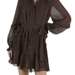 Brown dress with sheer sleeves on a white background