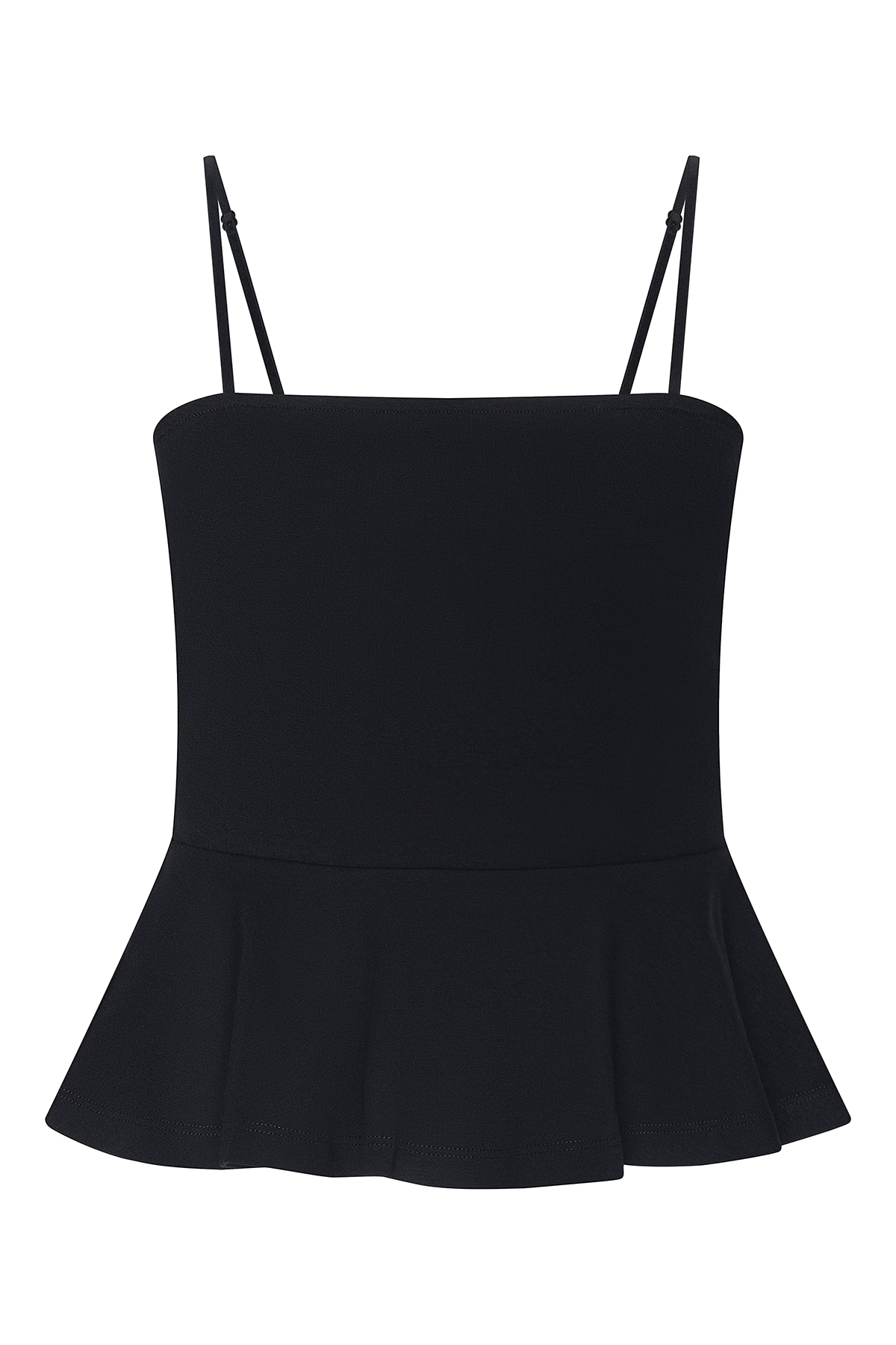 Black peplum top with thin straps on a white background