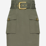 An olive green mini skirt with a matching belt featuring a prominent gold buckle, displayed on a clean white background.
