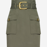 An olive green mini skirt with a matching belt featuring a prominent gold buckle, displayed on a clean white background.