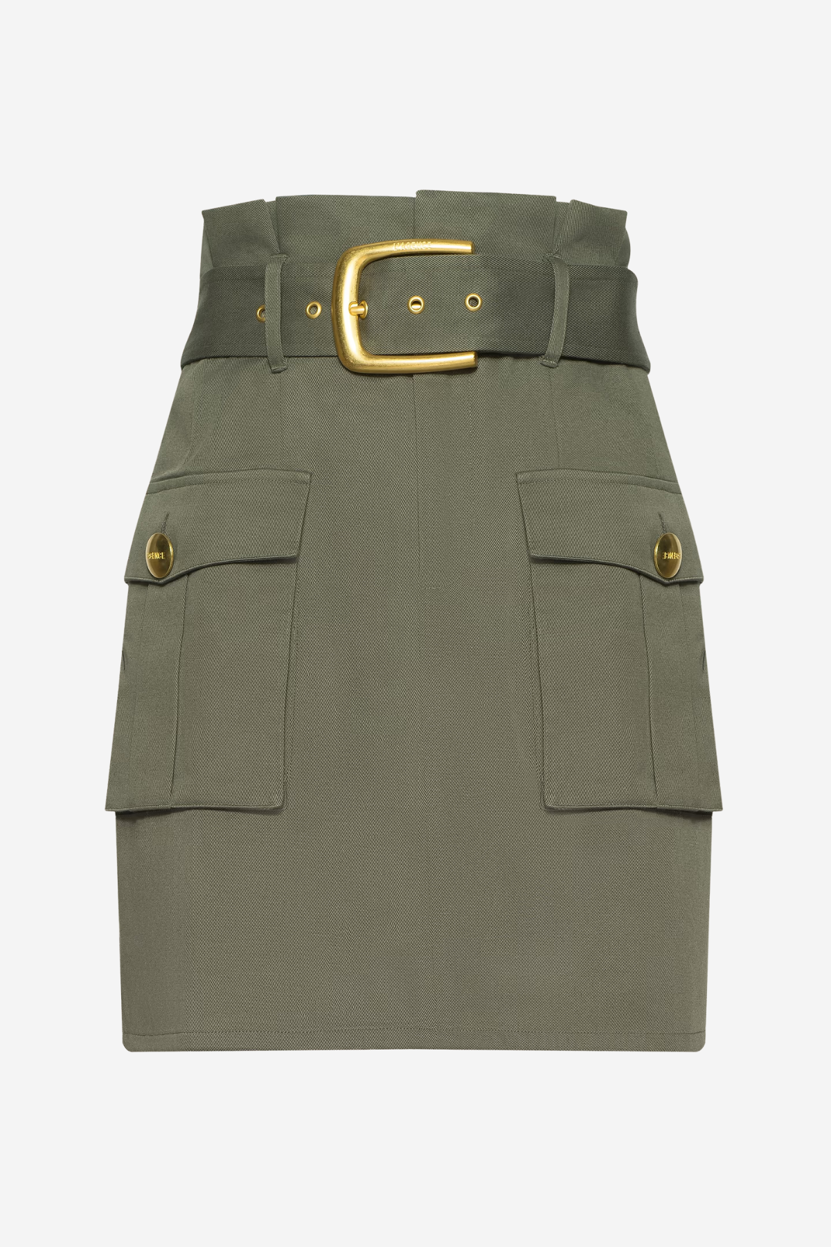 An olive green mini skirt with a matching belt featuring a prominent gold buckle, displayed on a clean white background.