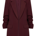 A dark burgundy blazer with notched lapels and front flap pockets, shown on a plain white background.