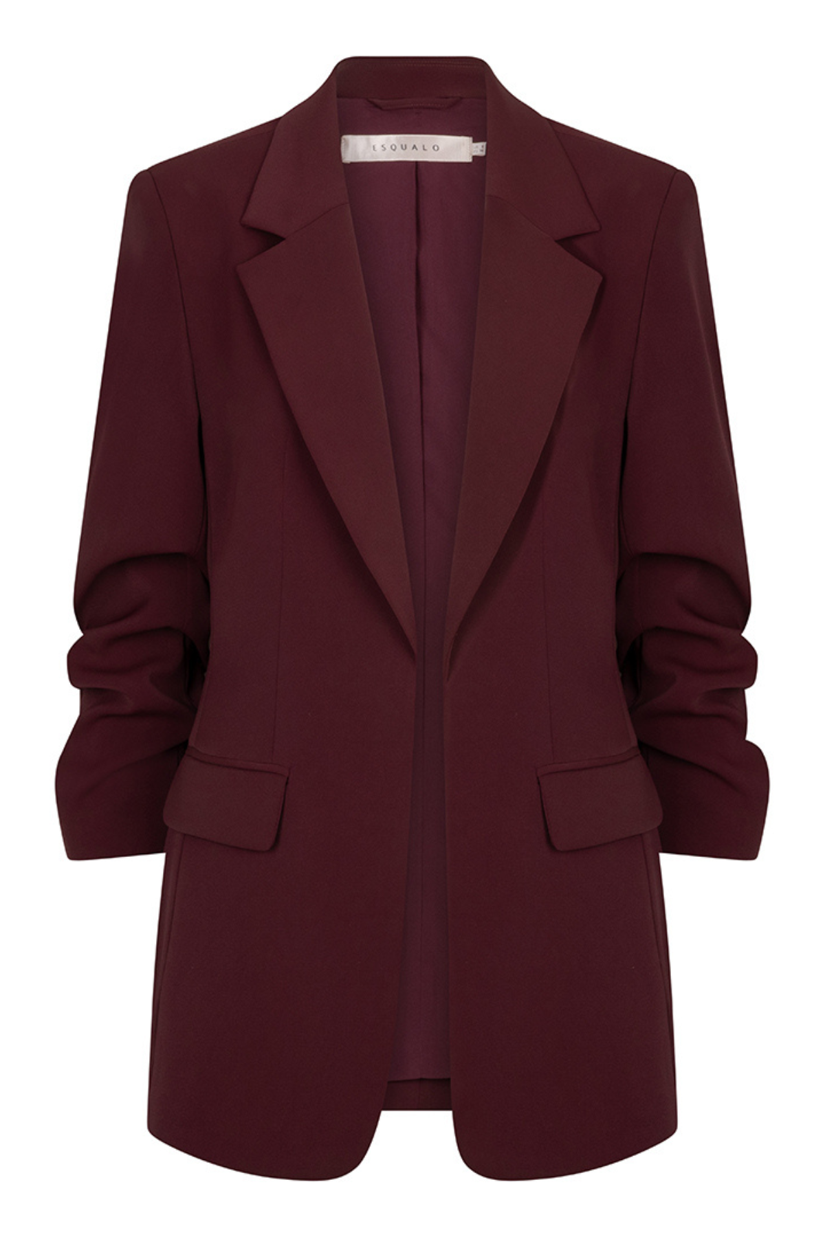 A dark burgundy blazer with notched lapels and front flap pockets, shown on a plain white background.