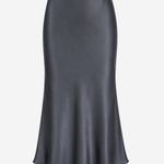 Women's silky midi slip skirt featuring a fluid drape and elegant straight silhouette in a charcoal gray color.