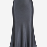 Women's silky midi slip skirt featuring a fluid drape and elegant straight silhouette in a charcoal gray color.