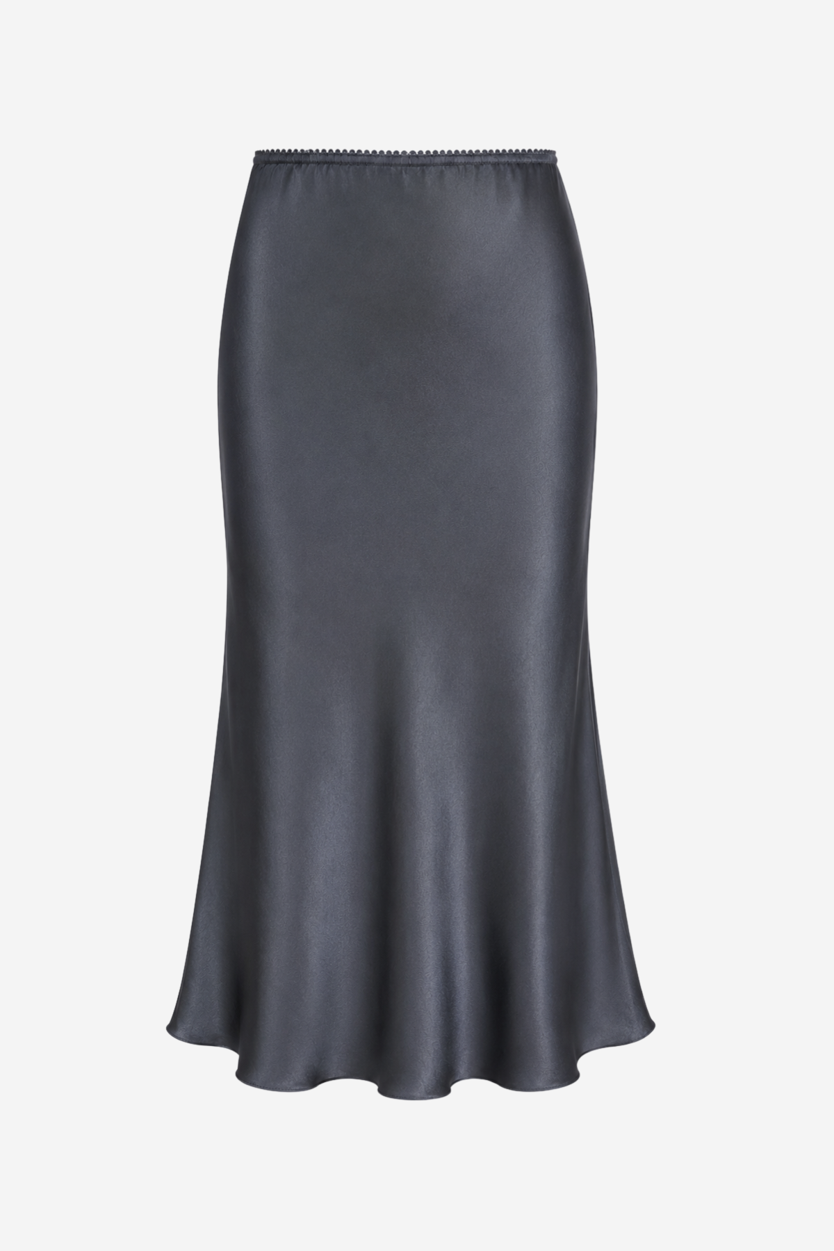 Women's silky midi slip skirt featuring a fluid drape and elegant straight silhouette in a charcoal gray color.