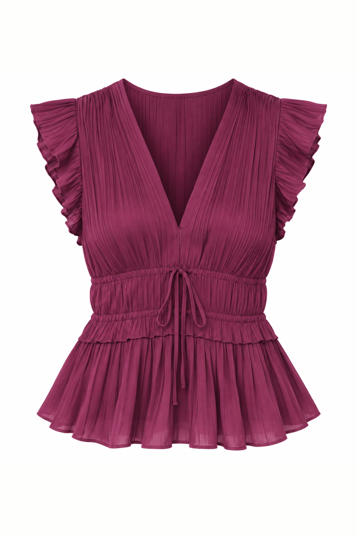 A sleeveless pleated top in a deep berry purple, featuring ruffled cap sleeves, a deep V-neckline, a drawstring waist, and a tiered ruffled hem, shown against a plain white background.