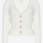 An off-white fuzzy long-sleeve cardigan with a V-neck and four gold buttons, shown against a plain light gray background.