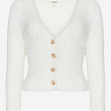 An off-white fuzzy long-sleeve cardigan with a V-neck and four gold buttons, shown against a plain light gray background.