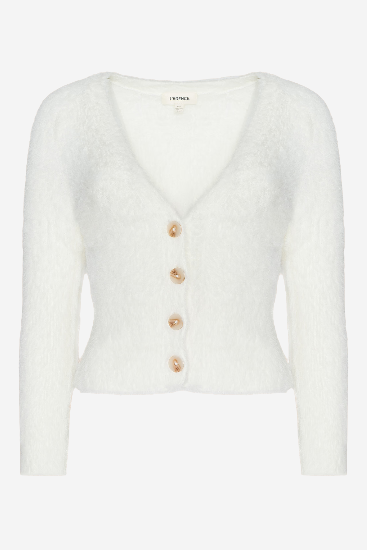 An off-white fuzzy long-sleeve cardigan with a V-neck and four gold buttons, shown against a plain light gray background.