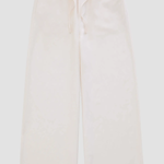 Off-white wide-leg pants with an elastic waistband and drawstring, shown flat against a light gray background.