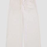 Off-white wide-leg pants with an elastic waistband and drawstring, shown flat against a light gray background.