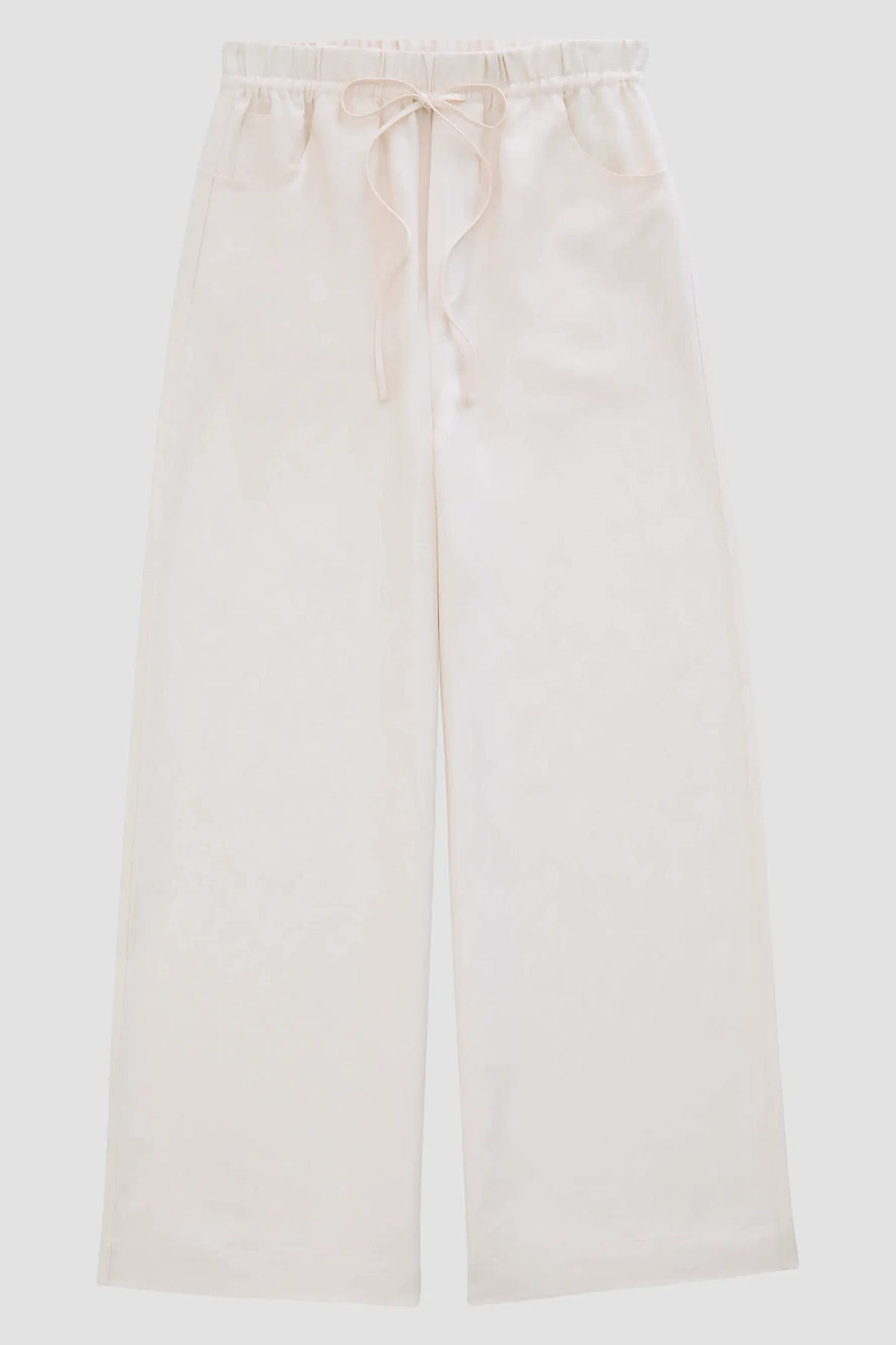 Off-white wide-leg pants with an elastic waistband and drawstring, shown flat against a light gray background.