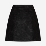 A black suede mini skirt with a high-waisted A-line silhouette, shown from the back on a light gray background.