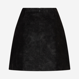 A black suede mini skirt with a high-waisted A-line silhouette, shown from the back on a light gray background.