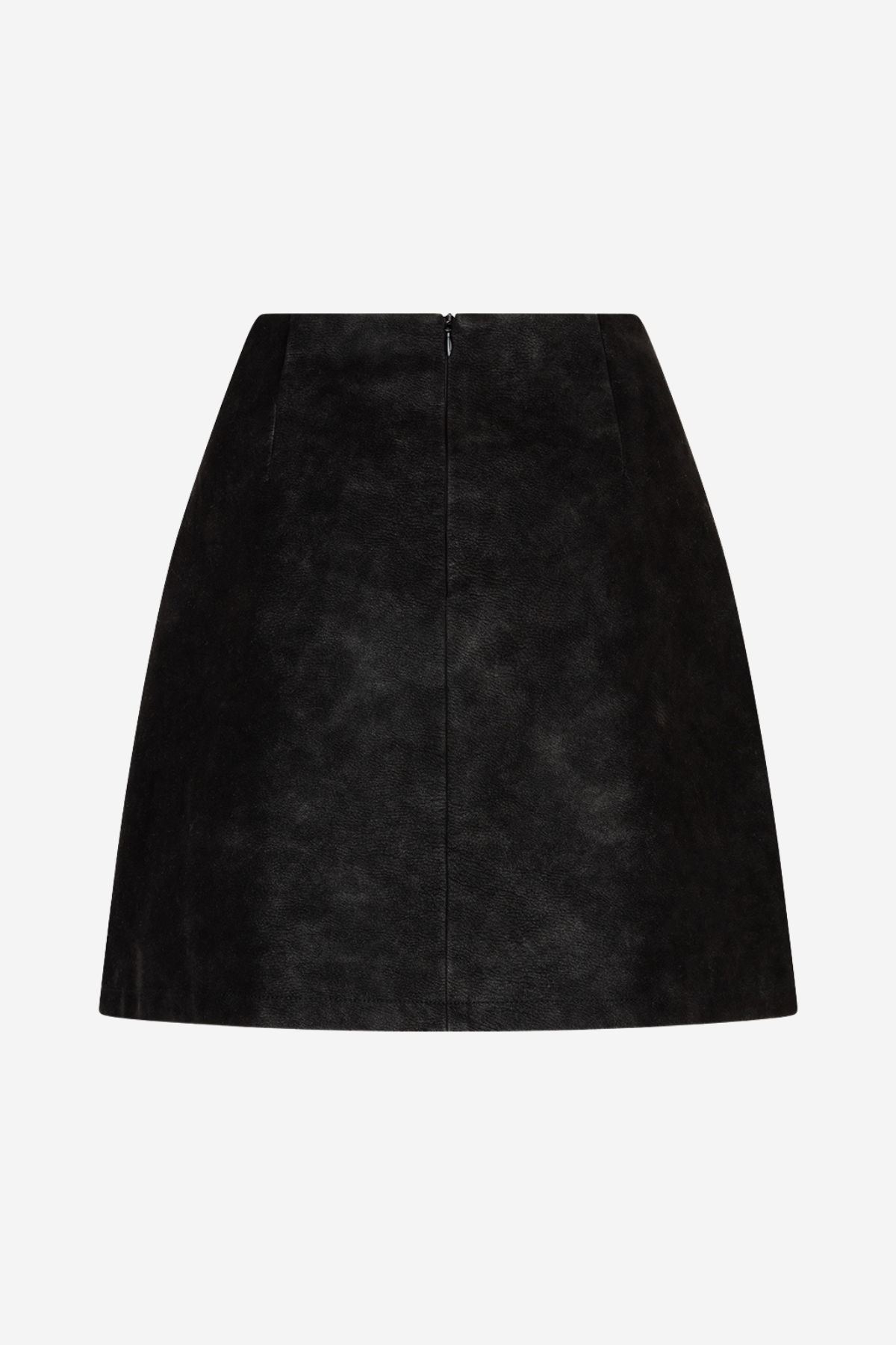 A black suede mini skirt with a high-waisted A-line silhouette, shown from the back on a light gray background.