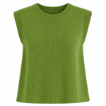 Green sleeveless knit top on a white background