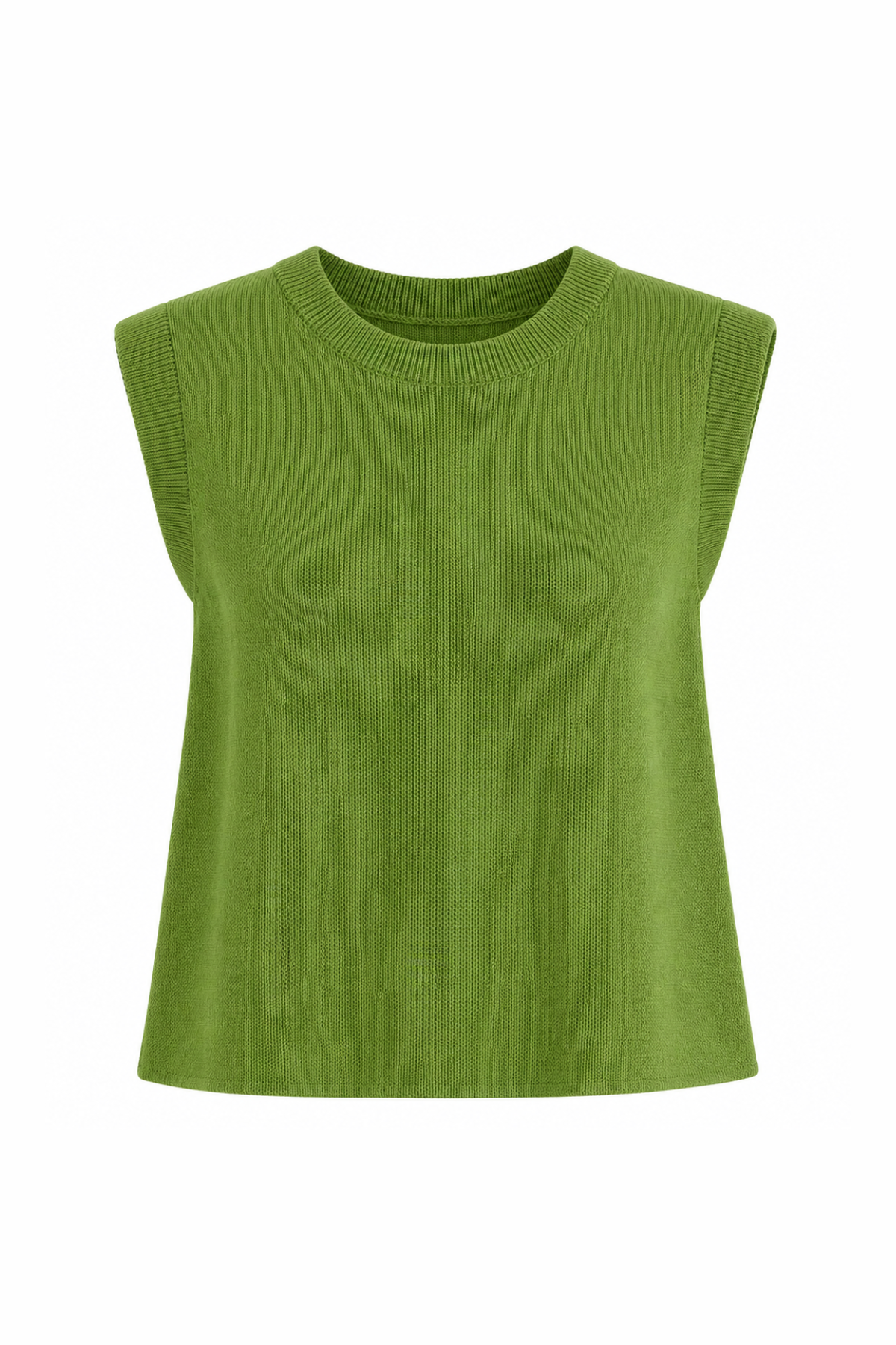 Green sleeveless knit top on a white background