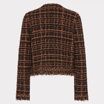 Model wearing a brown cardigan jacket with textured knit detailing and fringe accents.