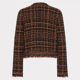 Model wearing a brown cardigan jacket with textured knit detailing and fringe accents.