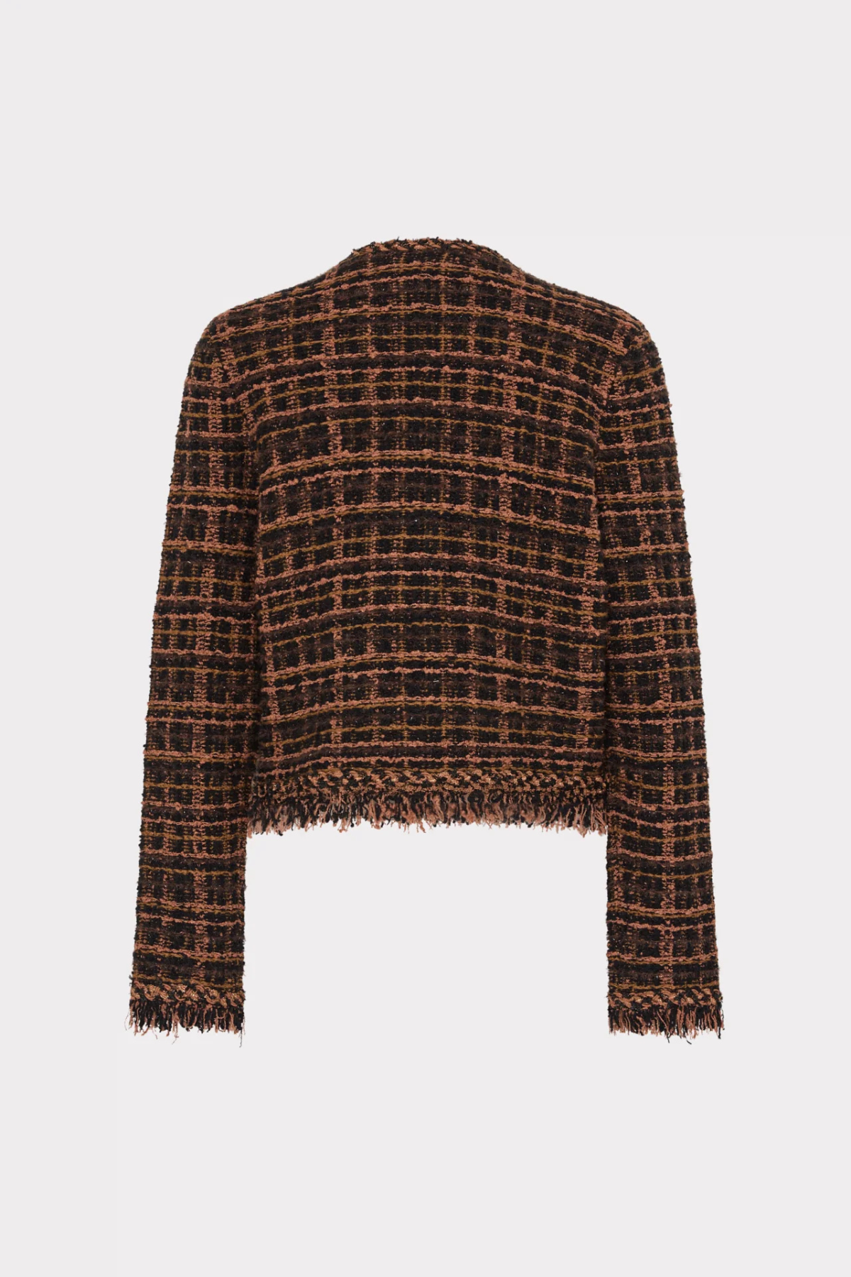 Model wearing a brown cardigan jacket with textured knit detailing and fringe accents.