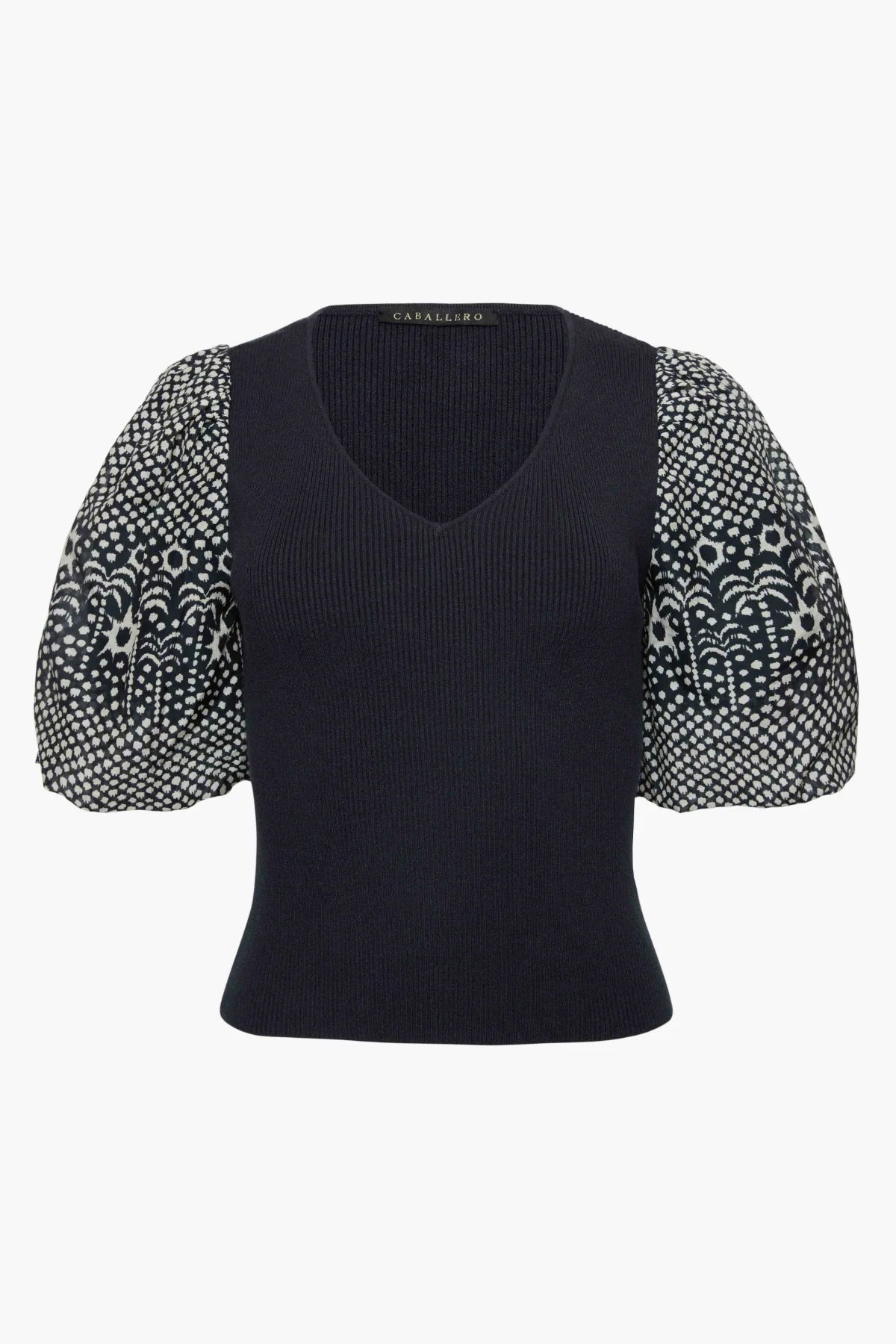 Black short-sleeve top with a clean neckline and soft drape