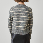 A model viewed from the back wearing a gray and cream striped knit sweater and a dark skirt, set against a plain light gray studio background.
