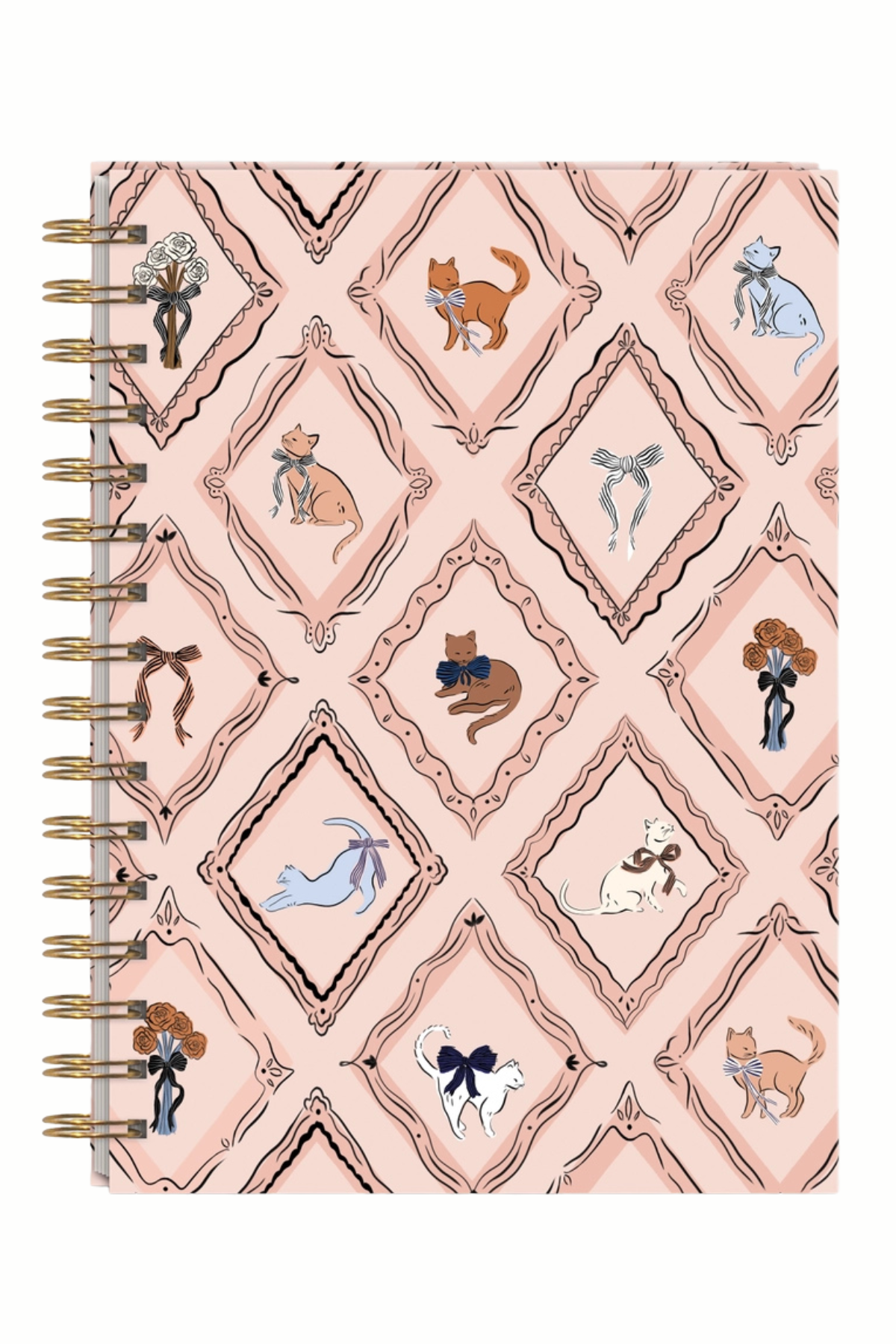 A spiral-bound notebook with a light pink cover featuring a repeating diamond pattern decorated with various illustrated cats in different poses and colors, bound with gold-tone metal coils on the left.
