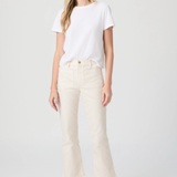 Woman wearing a white t-shirt and beige pants on a white background