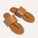 Pair of tan sandals on a white background