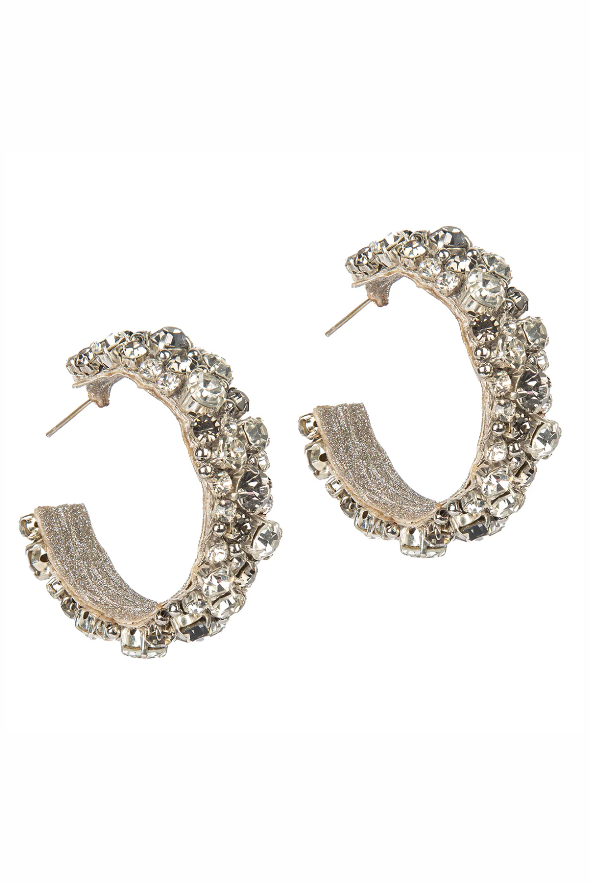 Pair of gold hoop earrings with embedded stones on a white background