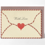 A square greeting card with a cream center and a red-and-white striped border, featuring a red heart and the words 'With Love' in script. A matching brown envelope is placed behind the card on a light gray background.