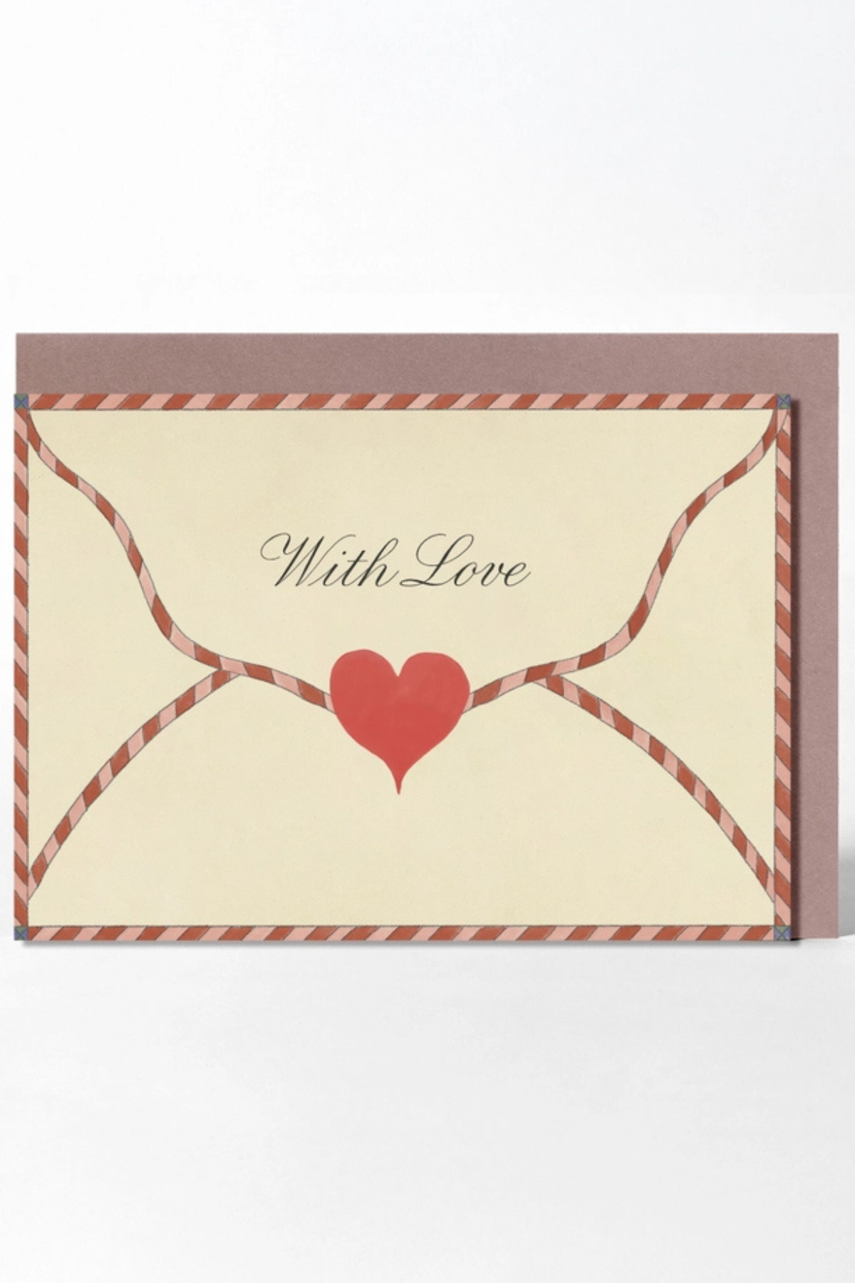 A square greeting card with a cream center and a red-and-white striped border, featuring a red heart and the words 'With Love' in script. A matching brown envelope is placed behind the card on a light gray background.
