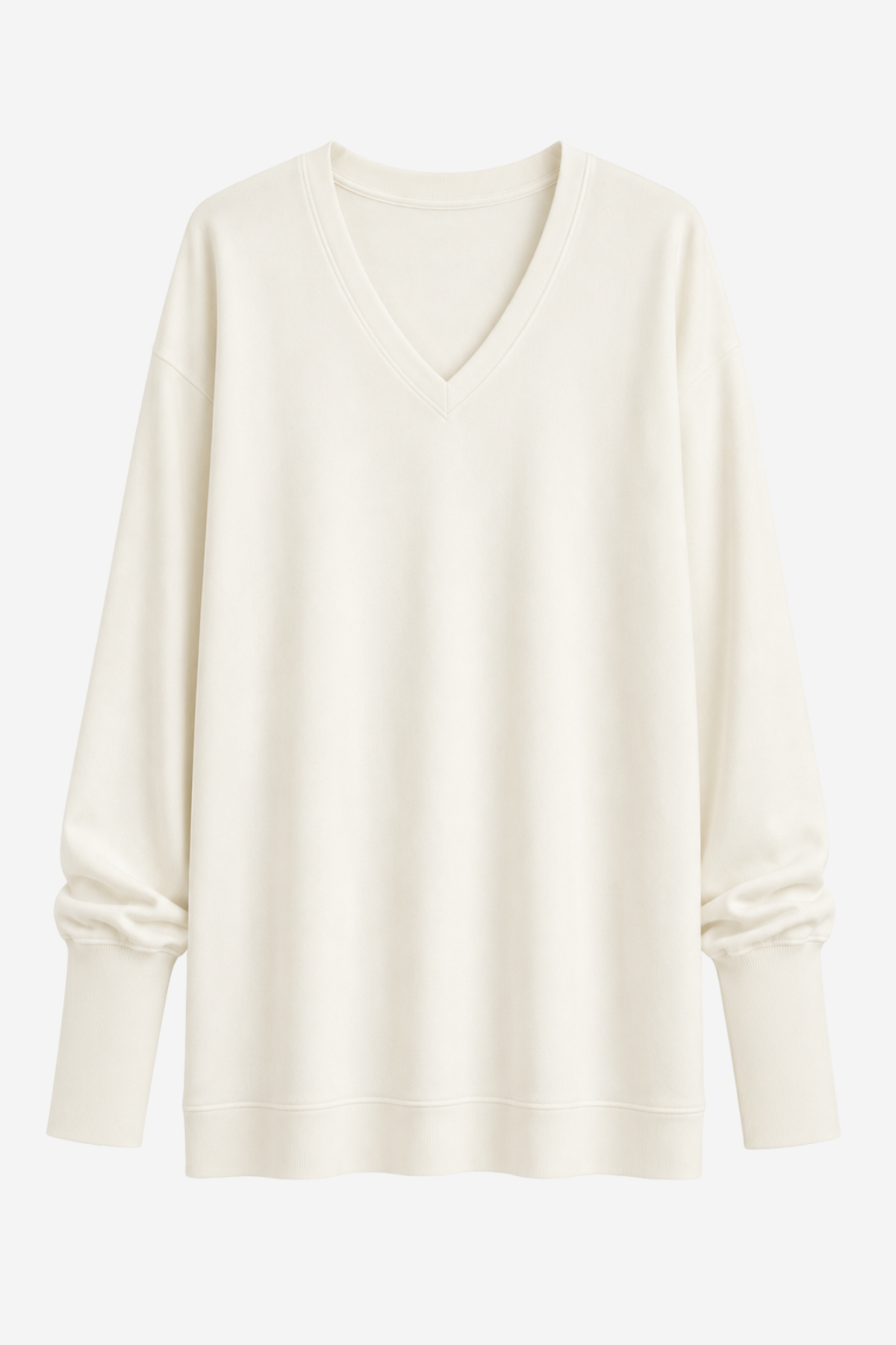 An off-white long-sleeve V-neck sweater with a relaxed fit, displayed on a clean white background.