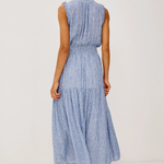 Woman wearing a blue striped dress on a white background
