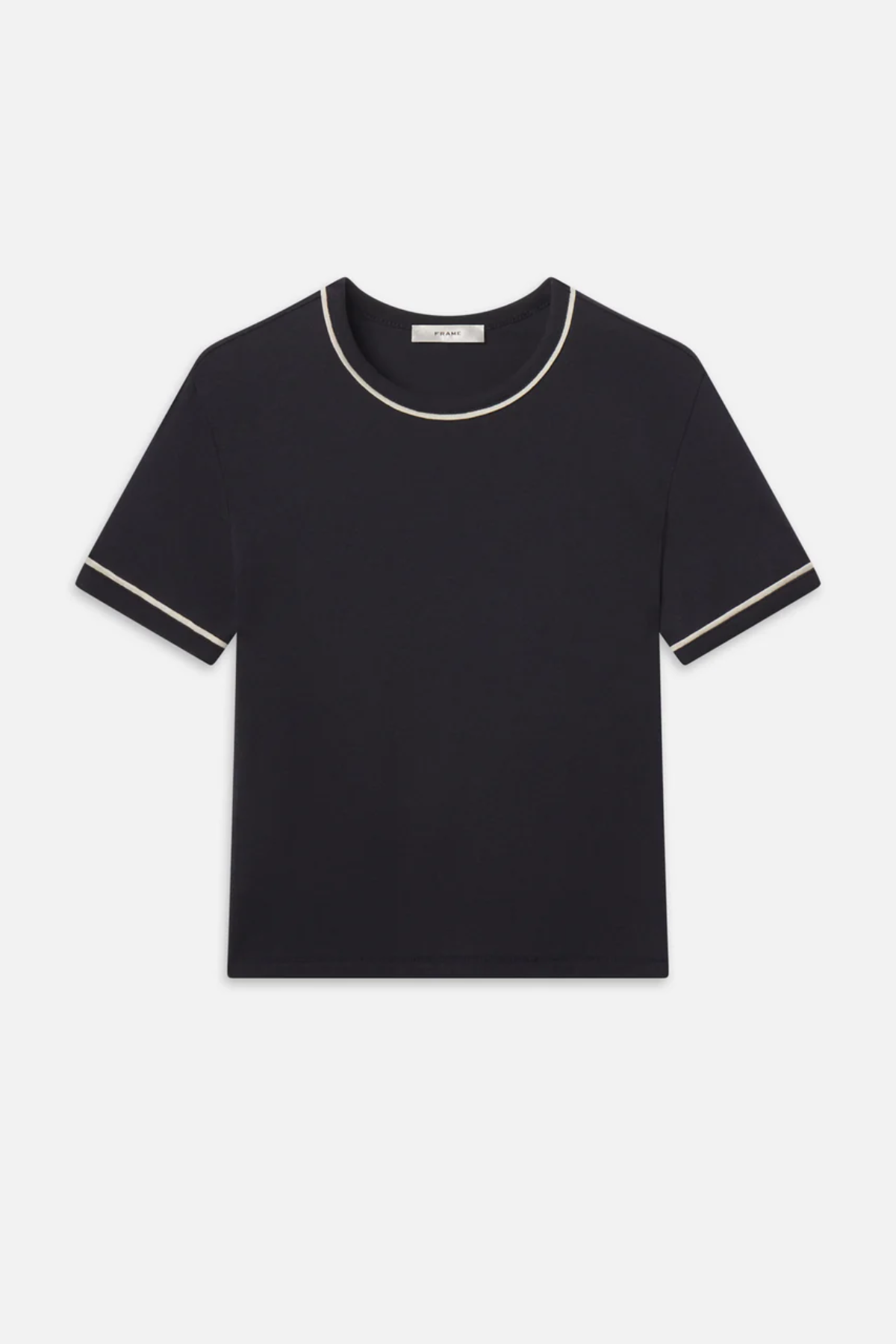 Black t-shirt with white trim on a light gray background