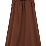 Women's brown sleeveless dress featuring a shirred neckline and flowing silhouette.