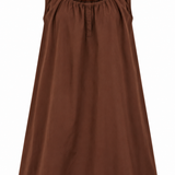 Women's brown sleeveless dress featuring a shirred neckline and flowing silhouette.