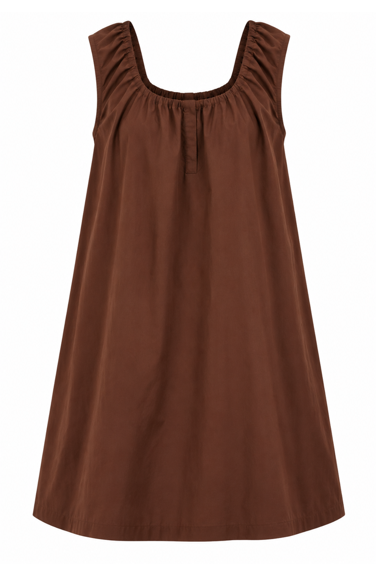 Women's brown sleeveless dress featuring a shirred neckline and flowing silhouette.
