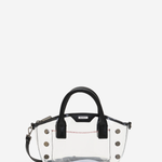 A clear transparent PVC handbag with black leather handles and trim, featuring gold-tone metal studs and a small black brand plaque on the front.